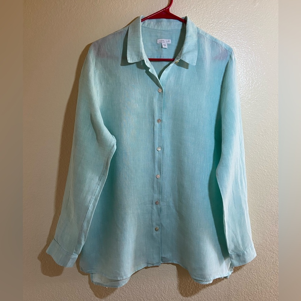 J. Jill Seafoam Button-Down Linen Shirt size:L - Picture 2 of 10